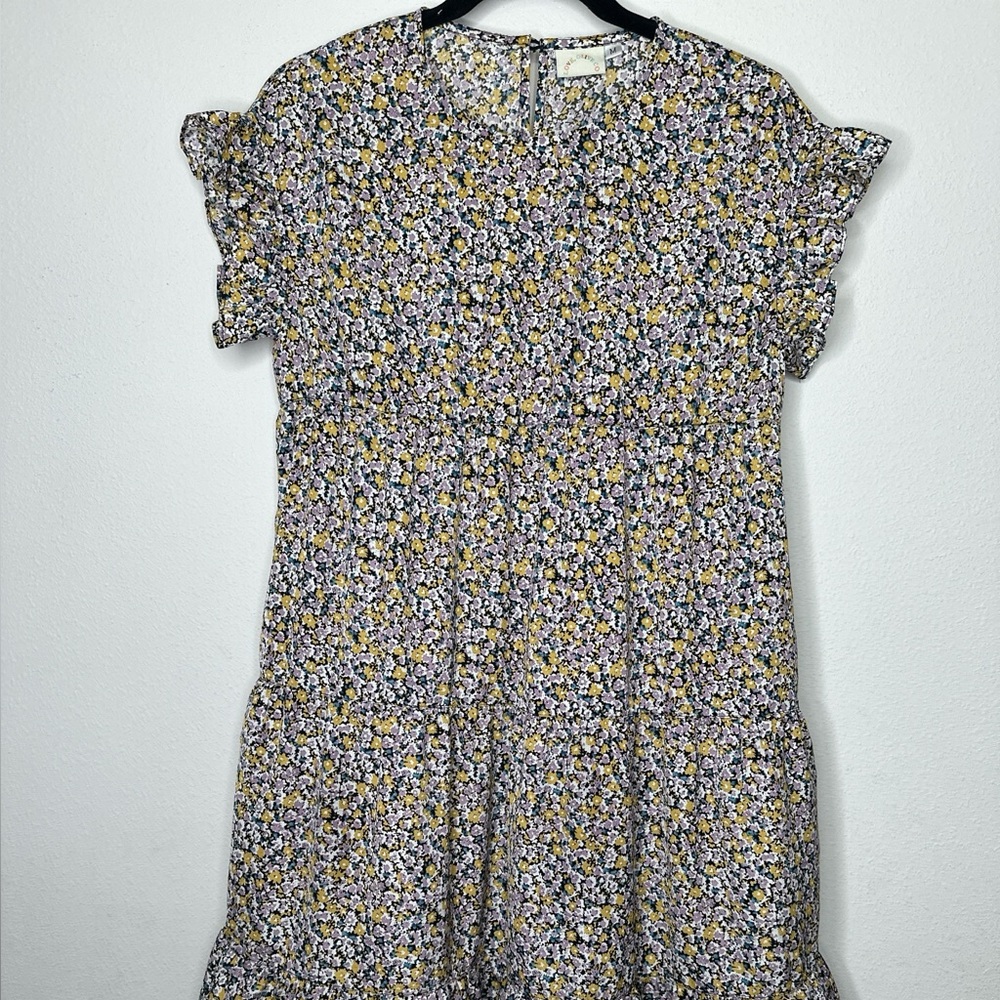 Love Olive Co. Yellow and Purple Ruffled Tiered Mini Sundress